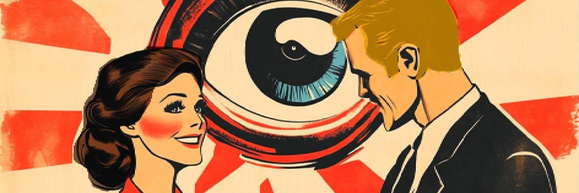 Disegno di un uomo e una donna che si sorridono e dietro un grande occhio che li guarda