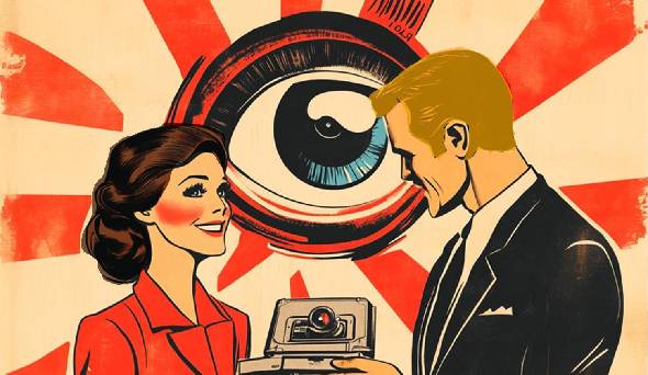 Disegno di un uomo e una donna che si sorridono e dietro un grande occhio che li guarda