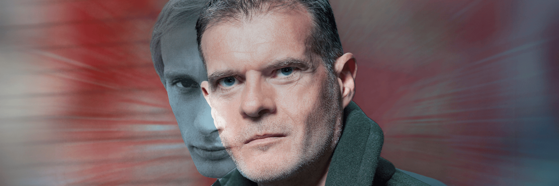 Sovrapposizione fotografica tra l'attore Stafano Massini e un giovane Vladimir Putin